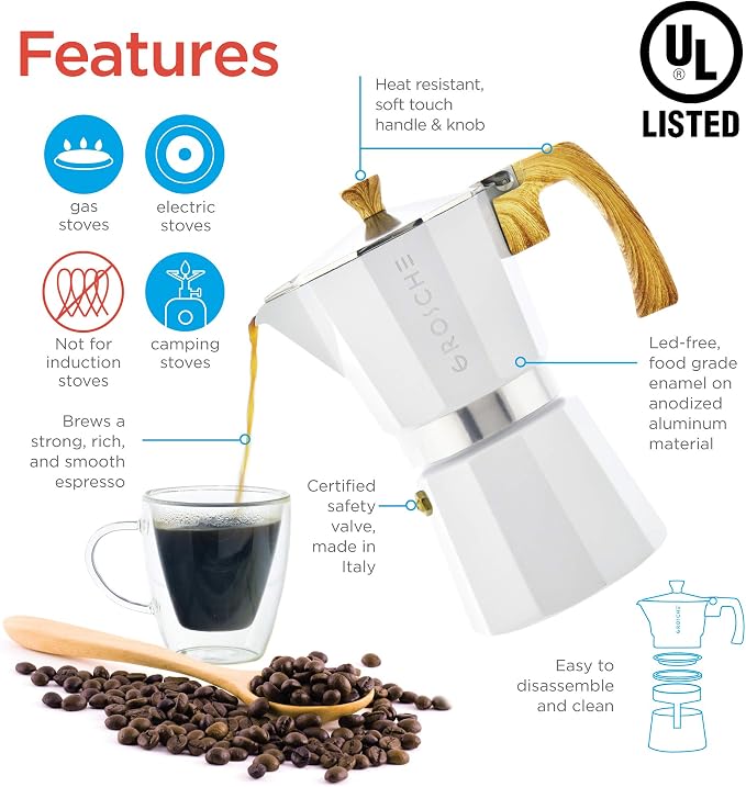 GROSCHE Milano Stovetop Espresso Maker Moka Pot 3 espresso Cup, 5 oz White | Cuban Coffee Maker And Italian Moka Pot For Stovetop Espresso; For Gas, Electric, And Propane Stoves With A Soft-Touch Handle