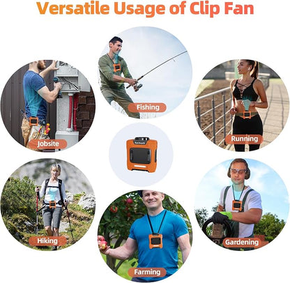 Waist Fan, 10000mAh Rechargeable Belt Clip Fan, 24H Runtime, 49ft/s Strong Airflow, 3-Speed 7-in-1 Hands-Free Personal Fan with Bottom Air Intake and LED SOS Light for Jobsite Outdoor Work