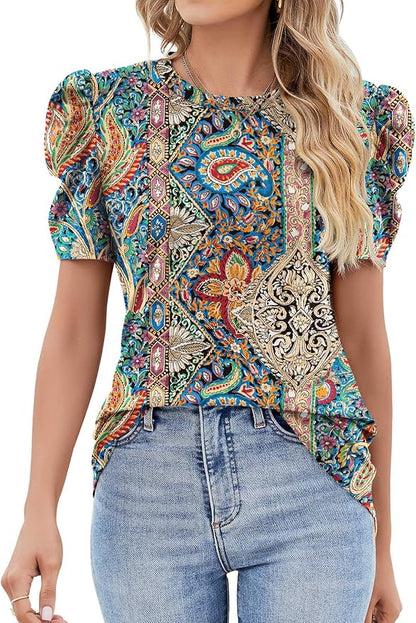 Ivicoer Puff Short Sleeve Shirt for Women Eyelet Tops Summer Crewneck Blouse Loose Fit S-XXL
