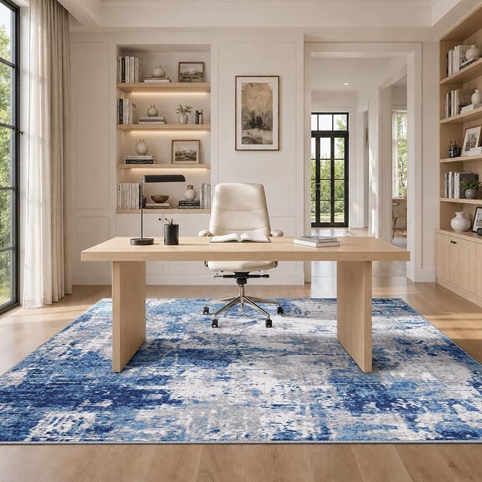 RELEANY Washable Area Rugs 5'x7' Non-Slip Modern Abstract Soft for Living Room Entryway Bedroom Kitchen, Print Pattern, Blue Grey Navy Gray