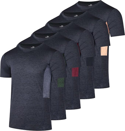 5 Pack Men's Dry Fit Short Sleeve T-Shirt Gym Workout Athletic Running Tee | Cooling, Moisture-Wicking, Crew Neck, Quick-Dry, Breathable, Active, Exercise, Fitness, Basketball, Cycling, Hiking, Tennis