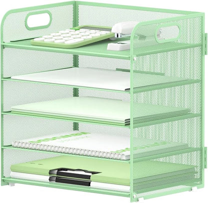 Supeasy 5 Trays Paper Organizer Letter Tray with Handle-Mesh Desk File Holders, Paper Sorter Desk Organizer for Office, Home, Classroom or School(Mint Green)