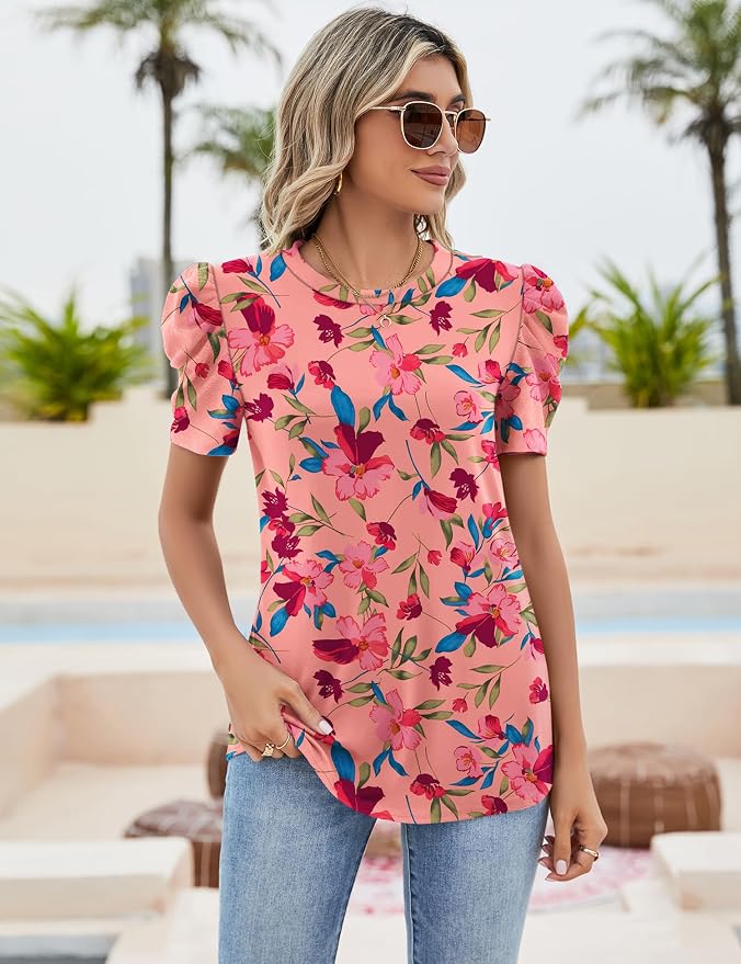 Ivicoer Puff Short Sleeve Shirt for Women Eyelet Tops Summer Crewneck Blouse Loose Fit S-XXL