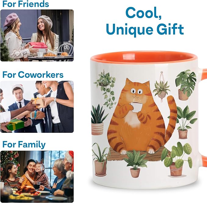 Hyturtle Cute Orange Cat Coffee Mug Gifts For Cat Mom, Plant Decor Gifts | Birthday Christmas Gift for Plant Lovers, Gardeners, Premium 11oz Two Tone Orange Ceramic Tea Cup, Perfect for Daily Drinks