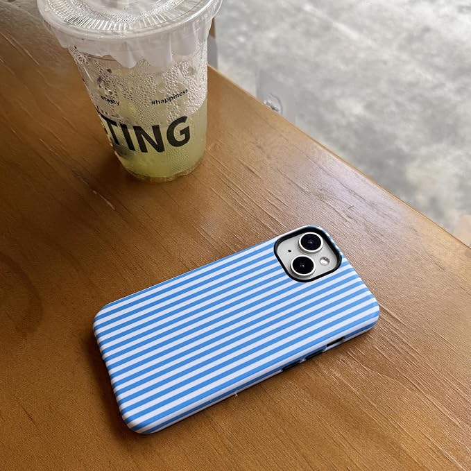 for iPhone 15 Case Striped Cute Aesthetics Phone Case Trendy Protective Shockproof Cover for iPhone 15 Blue White