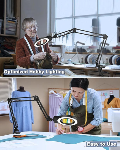 Magnifying Glass Light Stand 10X 5X Swing Arm Desktop Lamp Desk Table Close Work Up for Crafting, Reading, Sewing, Model Assembly, Soldering, Ultra Long 3-Section Design for Large Workbench (Black)