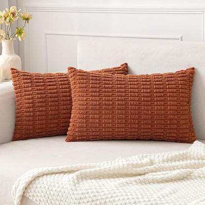 MIULEE Fall Pack of 2 Rust Corduroy Decorative Lumbar Pillow Covers 20x12 Inch Soft Boho Striped Throw Pillow Covers Modern Farmhouse Home Decor for Sofa Living Room Couch Bed