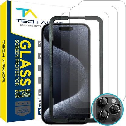 Tech Armor for Apple iPhone 15 Pro Screen Protector Glass 6.1 inch - Ballistic Tempered, Case Friendly, Easy Install, Sensor Protection, HD, 9H Hardness, 3 Pack + Bonus Camera Lens Protectors