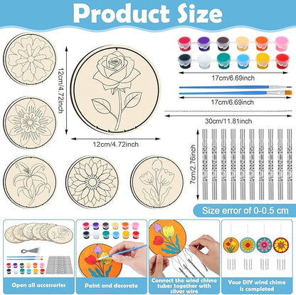 Silipull 24 Sets Summer Flower Wind Chimes Craft for Kids Back to School Color Your Own Windchime DIY Unfinished Wood Hanging Ornament Coloring Wind Chime for Kid Graduation Gift Party Supply