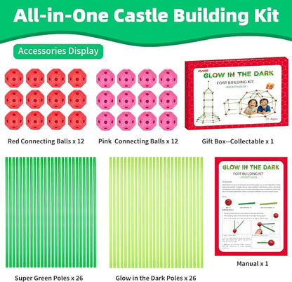Awsoo Fort Building Kit for Kids 3 4 5 6 7 Glow in The Dark STEM Building Toys Indoor Outdoor Play Tent for Kids Construction Toys with 52 Poles and 24 Connecting Ball