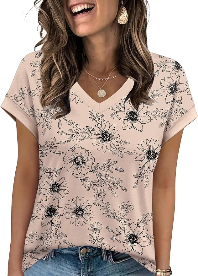 WIHOLL Womens Summer Tops 2026 Cap Short Sleeve Shirs V Neck T Shirts Fashion Beach Vacation Clothes Color Block