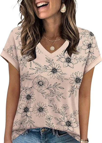 WIHOLL Womens Summer Tops 2026 Cap Short Sleeve Shirs V Neck T Shirts Fashion Beach Vacation Clothes Color Block