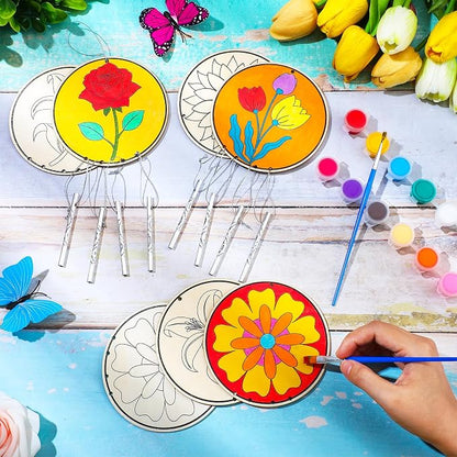 Silipull 24 Sets Summer Flower Wind Chimes Craft for Kids Back to School Color Your Own Windchime DIY Unfinished Wood Hanging Ornament Coloring Wind Chime for Kid Graduation Gift Party Supply