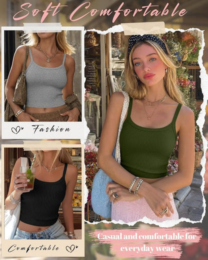 Ficerd 3 Pack Women's Tank Tops 95% Cotton Spaghetti Strap Ribbed Crop Camisole Slim Fitted Basic Summer Sleeveless Layer