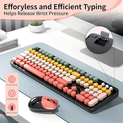 Wireless Keyboard and Mouse, MOFII 104 Round Keycaps Retro Typewriter with OTG & Brush, Full-Size Ergonomic, Ideal for Windows PC, Home, Office and College Rainbow Red