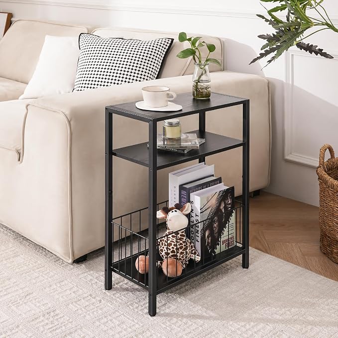 Yoobure Narrow Side Table with Storage Basket, Small End Table for Small Spaces, Skinny Side Tables Living Room Bedroom Office, Slim Nightstand 3 Tier Bedside Table Space-Saving for Magazine, Black