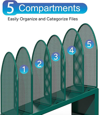gianotter Desktop File Organizer with 5 Compartments | Desk Organizer Paper Organizer for Desk Workspace Organizers for Office Supplies (Green, Inclined Style)