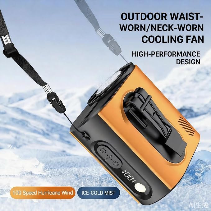 Portable Wearable Waist Iec Fan,with Semiconductor Ice Cooler,10000mAh Rechargeable Clip On Belt Cooling Fan, 100-Speed/16000RPM Personal Body Fans,25H Work Time for Camping, Outdoor, Jobsite（Orange）