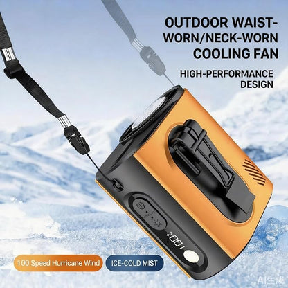 Portable Wearable Waist Iec Fan,with Semiconductor Ice Cooler,10000mAh Rechargeable Clip On Belt Cooling Fan, 100-Speed/16000RPM Personal Body Fans,25H Work Time for Camping, Outdoor, Jobsite（Orange）