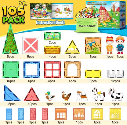 105 PCS Magnetic Tiles with Farm Animals, Magnetic Blocks Building Toys for 3+ Year Old Toddler, Construction STEM Magnet Toys Gift for Kids, Boys and Girls 3 4 5 6 7 8+ Year Old