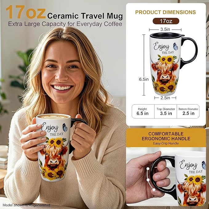 Topadorn 17oz Ceramic Travel Mug with Lid, Highland Cow Coffee Mug | Farmhouse Ceramic Coffee Cup with Handle, Gift Box Included, Dishwasher & Microwave Safe