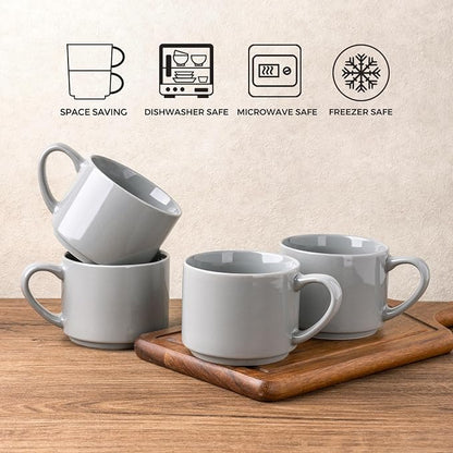 GBhome 14 OZ Coffee Mugs Set of 6, Stackable Ceramic Mugs for Men, Women, Modern Coffee Mugs for Latte,Cappuccino,Hot Cocoa. Dishwasher & Microwave Safe, Gray