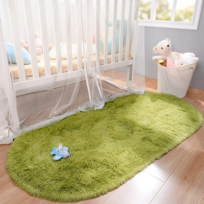 Merelax Soft Shaggy Rug for Kids Bedroom, Oval 2.6'x5.3' Green Plush Fluffy Carpets for Living Room, Furry Carpet for Teen Girls Room, Anti-skid Fuzzy Comfy Rug for Nursery Decor Cute Baby Play Mat