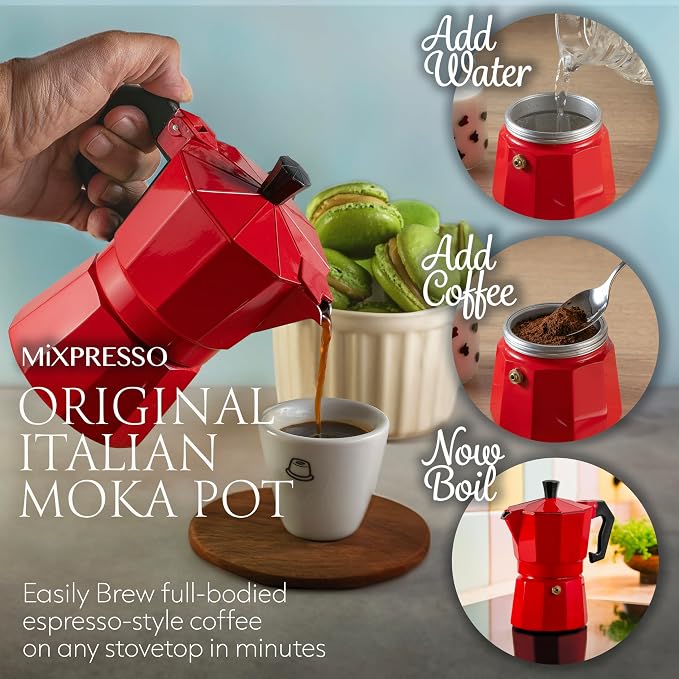 Mixpresso 3 Cup Moka Pot Stovetop Espresso Maker, Italian Cuban Coffee Pot | 5oz aluminum Italian coffee maker for gas and electric stovetops, small design for traditional espresso-style coffee at home