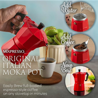 Mixpresso 3 Cup Moka Pot Stovetop Espresso Maker, Italian Cuban Coffee Pot | 5oz aluminum Italian coffee maker for gas and electric stovetops, small design for traditional espresso-style coffee at home