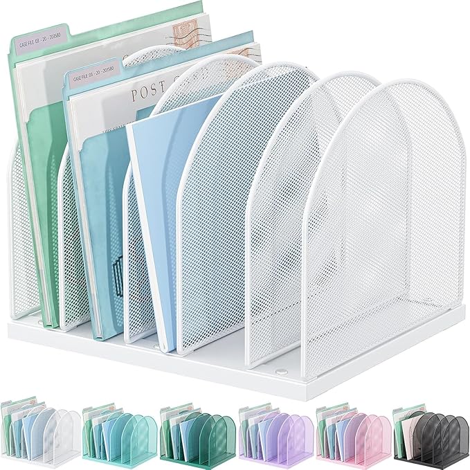 gianotter Desktop File Organizer with 5 Compartments | Desk Organizer Paper Organizer for Desk Workspace Organizers for Office Supplies (White, Upright Style)