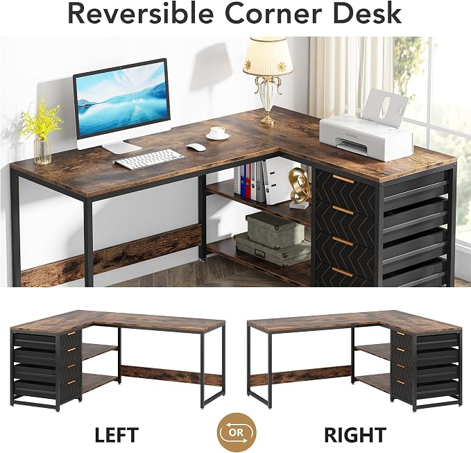 Tribesigns L Shaped Computer Desk with Storage Drawers, 59 inch Corner Desk with Shelves, Reversible L-Shaped Office Desk Study Writing Table Workstation for Home Office, Brown