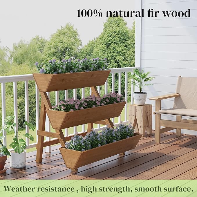 3-Tier Wooden Vertical Raised Garden Bed with Legs, Tiered Planter Box, Vertical Garden Planter,Wood Plant Stand Wood Flower Rack for Patio, Balcony, Freestanding. (Brown-Large)