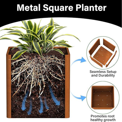 Corten Steel Planter Box 24" L x 24" W x 24" H,Large Metal Square Planter for Outdoor Plants,Metal Cube Flower Pot with Drainage Hole for Porch Hotel Patio Yard