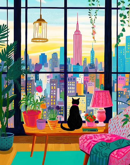 Puzzle for Adults 1000 Pieces, Cat in New York, Colorful Relaxing Jigsaw Puzzle, Mate Finish, Poster Included 1000 piece Puzzle for Adults, Stress Relief Art Puzzle.