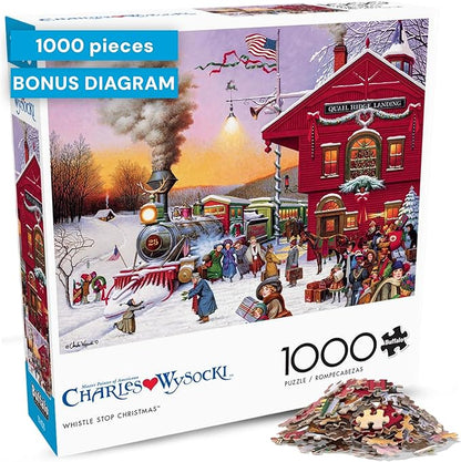 Buffalo Games – Charles Wysocki - Whistle Stop Christmas- 1000 Piece Holiday Jigsaw Puzzle - Festive Puzzles for Adults – Precision-Cut Pieces, Winter Artwork, Hours of Relaxing Fun