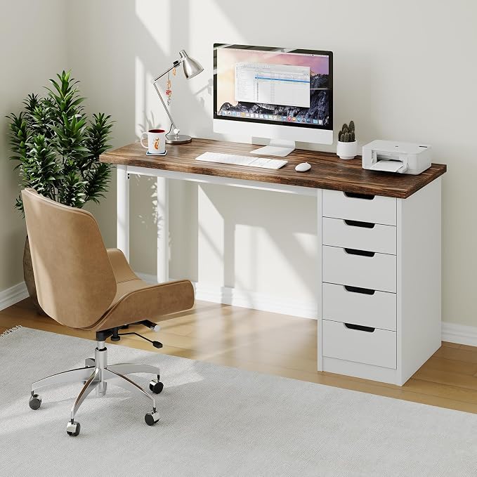 Garvee Computer Desk with 5 Drawers, 47 Inch Modern Simple Study Writing Desk with Storage, Rustic Home Office Desk, Reversible Computer Desk for Small Spaces, Apartments, Dorms, Brown+White
