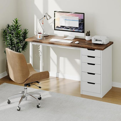Garvee Computer Desk with 5 Drawers, 47 Inch Modern Simple Study Writing Desk with Storage, Rustic Home Office Desk, Reversible Computer Desk for Small Spaces, Apartments, Dorms, Brown+White