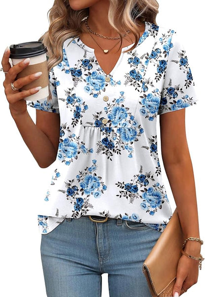 Zeagoo Womens Short Sleeve Tops Summer Henley V-Neck Tshirts Casual Pleated Blouse Dressy Loose Floral Basic Tee