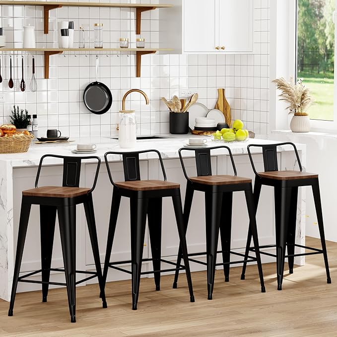 WENTMENT Bar Stools Set of 4 Counter Height Metal Barstools with Removable Back 30" Kitchen Bar Stools with Wooden Seat, Black