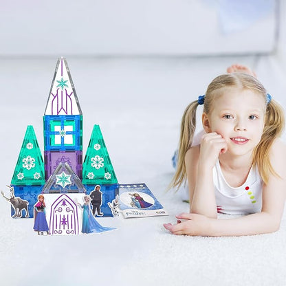 Tytan Toys Disney Frozen Magnetic Tiles Princess Castle - 41-Piece STEAM Building Set with Glitter Tiles & Elsa, Anna, Olaf Stickers - Educational Frozen Toys for Girls Age 3-4+