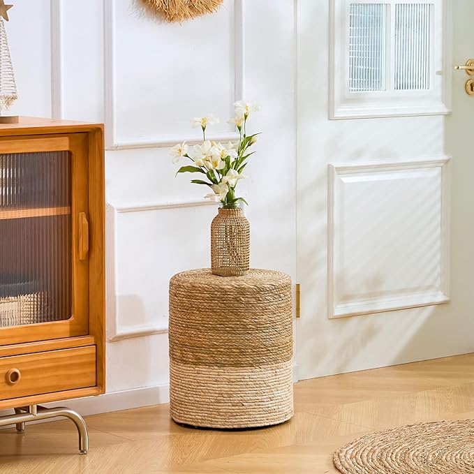 Wimarsbon Ottoman Poufs, 100% Natural Seagrass Pouffe, Hand Weave Round Footstool with Wood Frame, Sitting Braided Footrest, Home Boho Decorative Seat, Accent Chair for Living Room, Bedroom