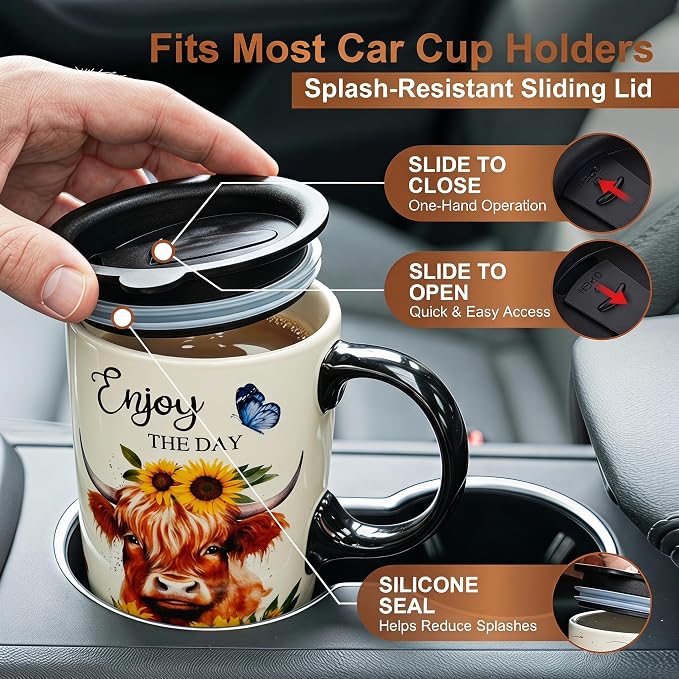 Topadorn 17oz Ceramic Travel Mug with Lid, Highland Cow Coffee Mug | Farmhouse Ceramic Coffee Cup with Handle, Gift Box Included, Dishwasher & Microwave Safe