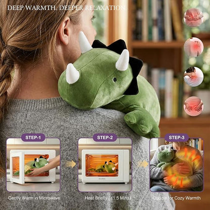 KOWSI® Microwavable Heating Pad Green Triceratops Plush - 1.4 Lb Weighted Stuffed Animal Toy with Tourmaline Beads & Lavender - 16" Squished Long Dinosaur Pillow - Lumbar Back Cushion Lasting Warmth