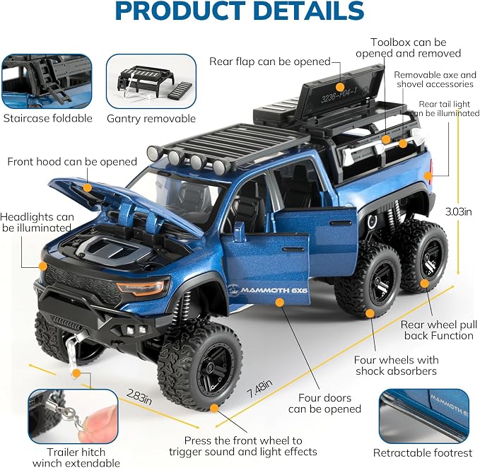 Toy Trucks for Boys 1/32 Diecast Trucks Mammoth Model Truck,Collectible Pickup Truck Model Kit,Pull Back Cars with Lights and Sounds,Toy Trucks for Boys Age 4-7（Blue）