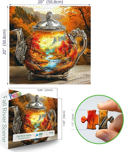 Vintage Autumn Landscape Teapot 500 Piece Puzzle for Adults Whimsical Fantasy Mountain River Nature Scenery Art with Letters on Back Challenging Games Gifts for Seniors & Families- 20x20 Inch