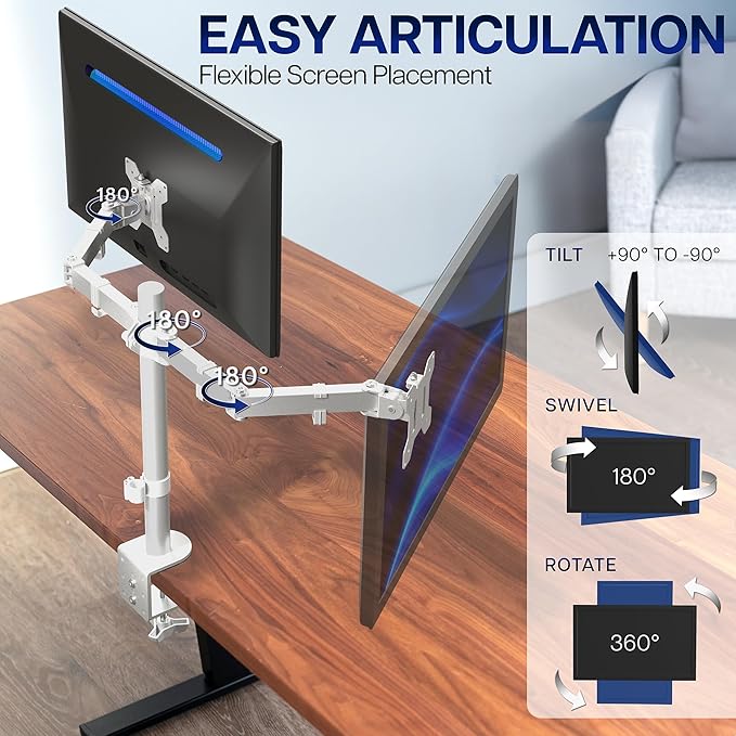VIVO Dual Monitor Desk Mount for 13 to 30 inch Screens, STAND-V002W | White, Articulating, Adjustable Monitor Arm, Grommet or C-Clamp Mounting, Computer Stand for 2 Monitors, Holds 22 lbs Each