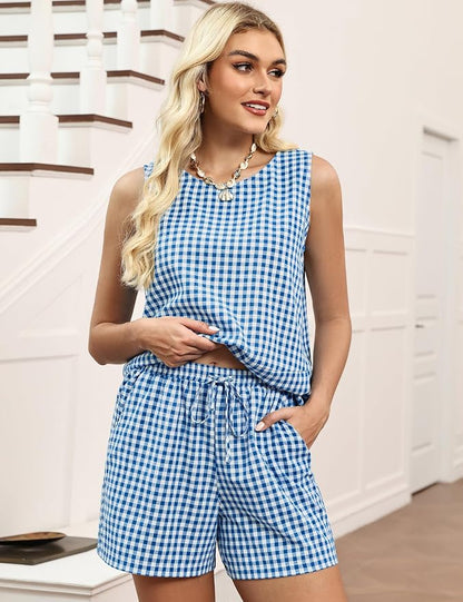 LOMON Women's Trendy 2 Piece Outfits Shorts Sets Summer Crew Neck Sleeveless Tank Top and Bottom Matching with Pockets 2026