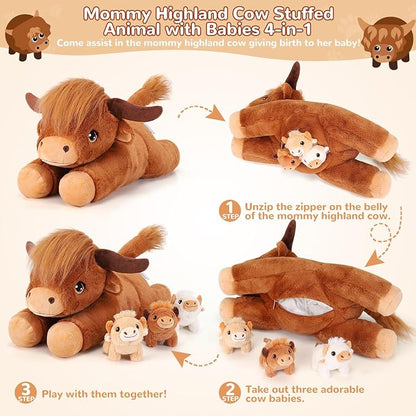 gnomantic Highland Cow Stuffed Animals with Babies, Mommy Toy for Kids | 5-Piece set: 1 mommy highland cow + 3 surprise babies inside. Unzip belly to reveal babies. Ultra-soft, safe for ages 3-8.