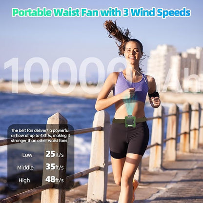 Waist Fan, 10000mAh Rechargeable Belt Clip Fan, 24H Runtime, 49ft/s Strong Airflow, 3-Speed 7-in-1 Hands-Free Personal Fan with Bottom Air Intake and LED SOS Light for Jobsite Outdoor Work