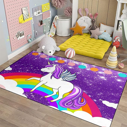 Unicorn Rugs for Girls Bedroom Unicorn Area Rugs for Girls Bedroom Rainbow Carpet Kids Unicorn Rugs for Bedroom Girls Living Room Floor Mat, Purple, 3'×5'